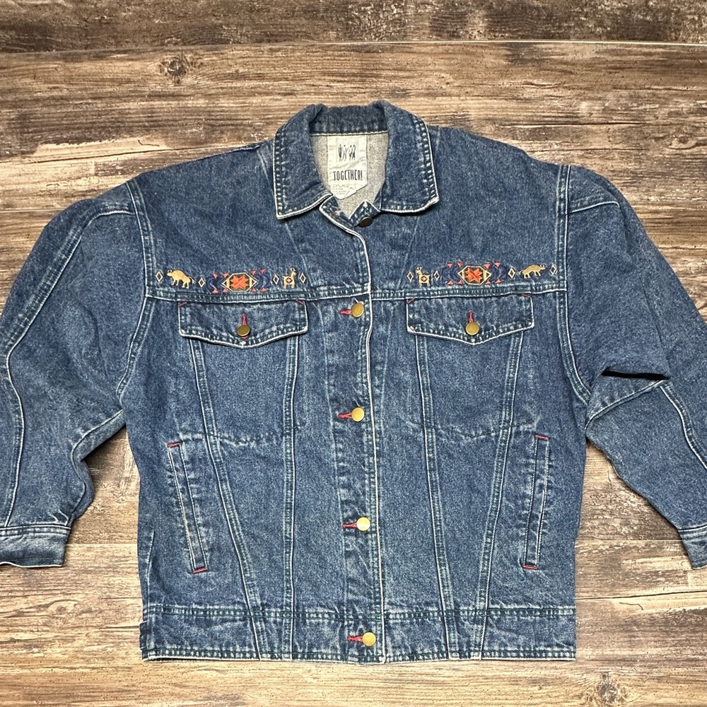 Vintage 90s Denim Jacket Southwestern Embroidered Buffalo Womens Med GUC